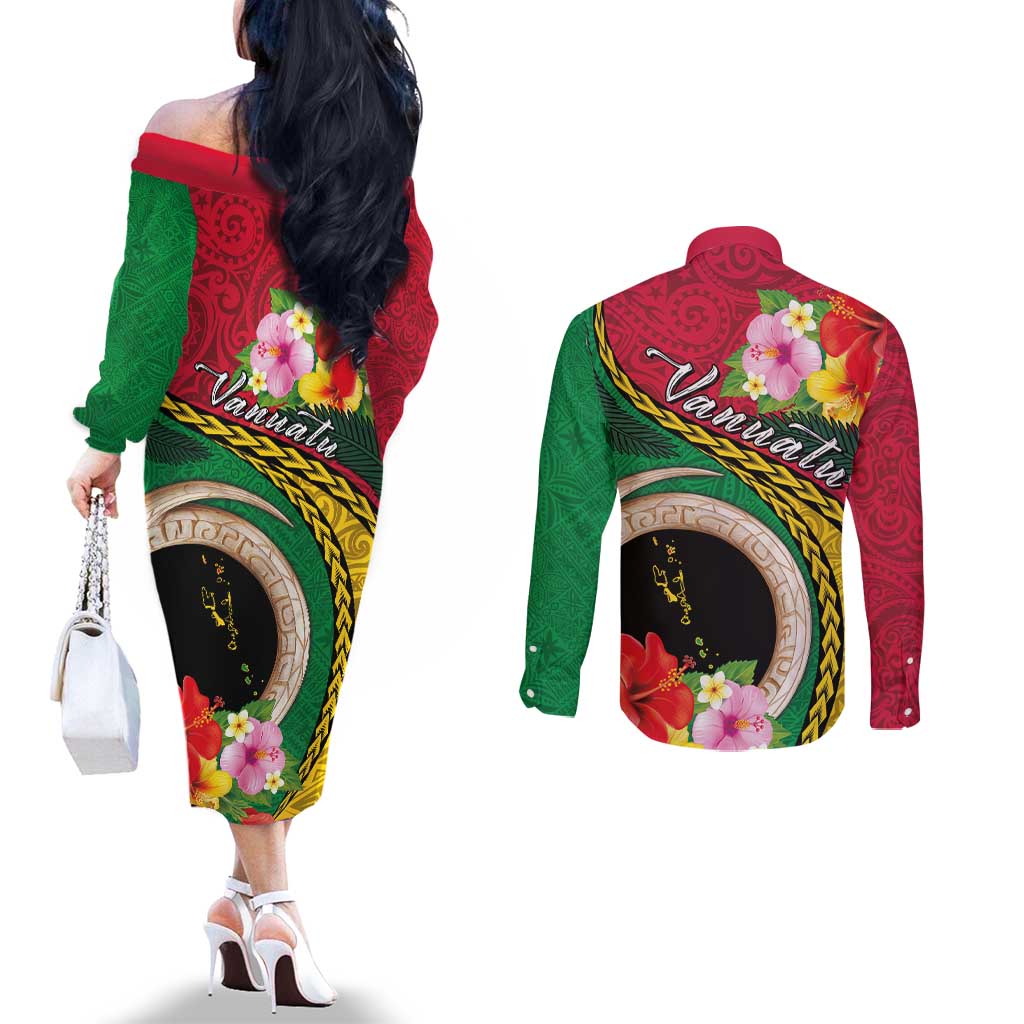 Vanuatu Tribal Boar Tusk Couples Matching Off The Shoulder Long Sleeve Dress and Long Sleeve Button Shirt Tropical Plants with Namele and Melanesian Pattern LT03 - Polynesian Pride