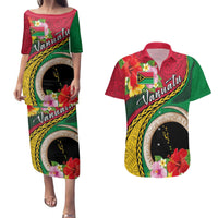 Vanuatu Tribal Boar Tusk Couples Matching Puletasi and Hawaiian Shirt Tropical Plants with Namele and Melanesian Pattern LT03 Red - Polynesian Pride
