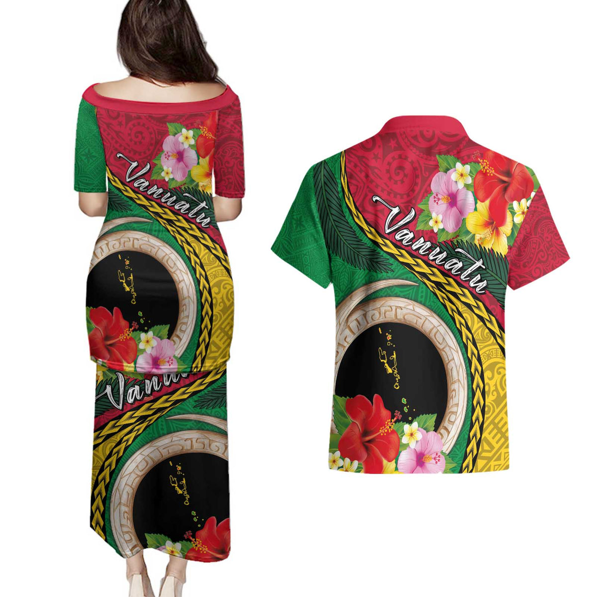 Vanuatu Tribal Boar Tusk Couples Matching Puletasi and Hawaiian Shirt Tropical Plants with Namele and Melanesian Pattern LT03 - Polynesian Pride