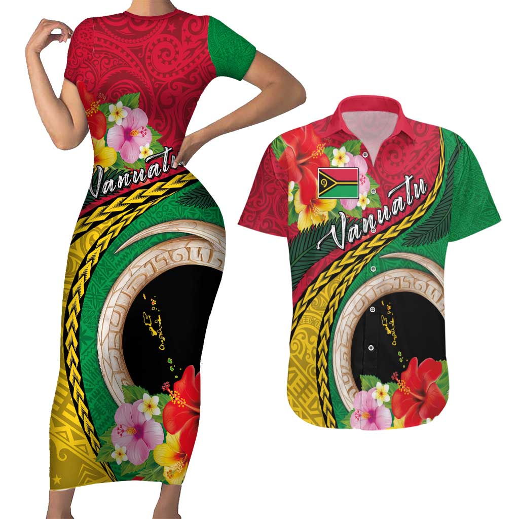 Vanuatu Tribal Boar Tusk Couples Matching Short Sleeve Bodycon Dress and Hawaiian Shirt Tropical Plants with Namele and Melanesian Pattern LT03 Red - Polynesian Pride