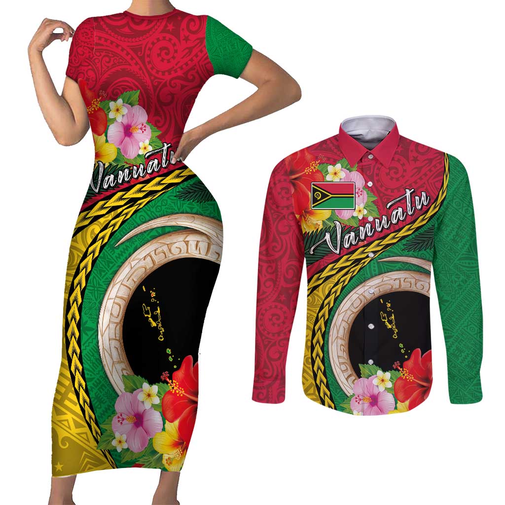 Vanuatu Tribal Boar Tusk Couples Matching Short Sleeve Bodycon Dress and Long Sleeve Button Shirt Tropical Plants with Namele and Melanesian Pattern LT03 Red - Polynesian Pride