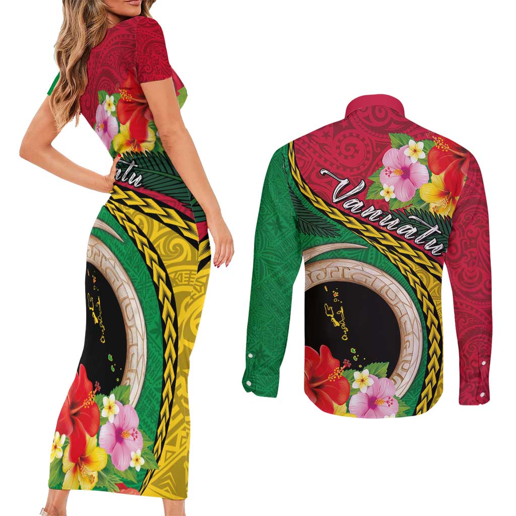 Vanuatu Tribal Boar Tusk Couples Matching Short Sleeve Bodycon Dress and Long Sleeve Button Shirt Tropical Plants with Namele and Melanesian Pattern LT03 - Polynesian Pride