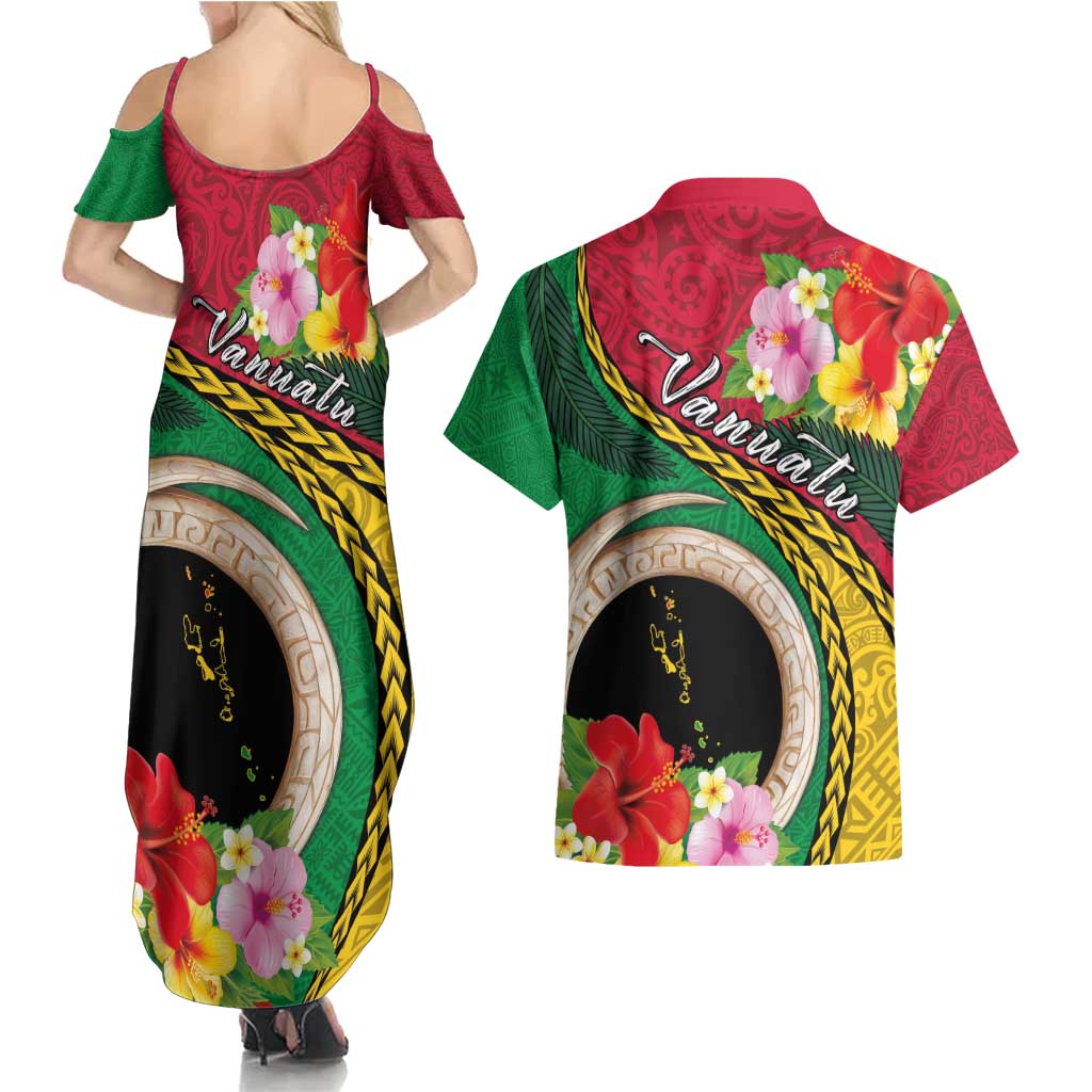 Vanuatu Tribal Boar Tusk Couples Matching Summer Maxi Dress and Hawaiian Shirt Tropical Plants with Namele and Melanesian Pattern LT03 - Polynesian Pride