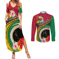 Vanuatu Tribal Boar Tusk Couples Matching Summer Maxi Dress and Long Sleeve Button Shirt Tropical Plants with Namele and Melanesian Pattern LT03 Red - Polynesian Pride