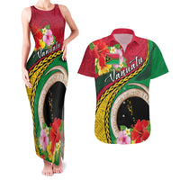 Vanuatu Tribal Boar Tusk Couples Matching Tank Maxi Dress and Hawaiian Shirt Tropical Plants with Namele and Melanesian Pattern LT03 Red - Polynesian Pride
