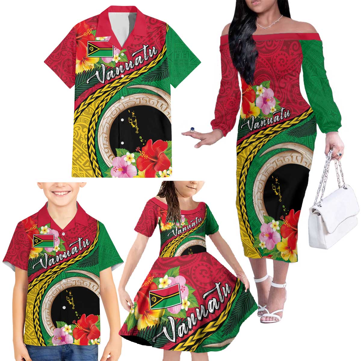 Vanuatu Tribal Boar Tusk Family Matching Off The Shoulder Long Sleeve Dress and Hawaiian Shirt Tropical Plants with Namele and Melanesian Pattern LT03 - Polynesian Pride
