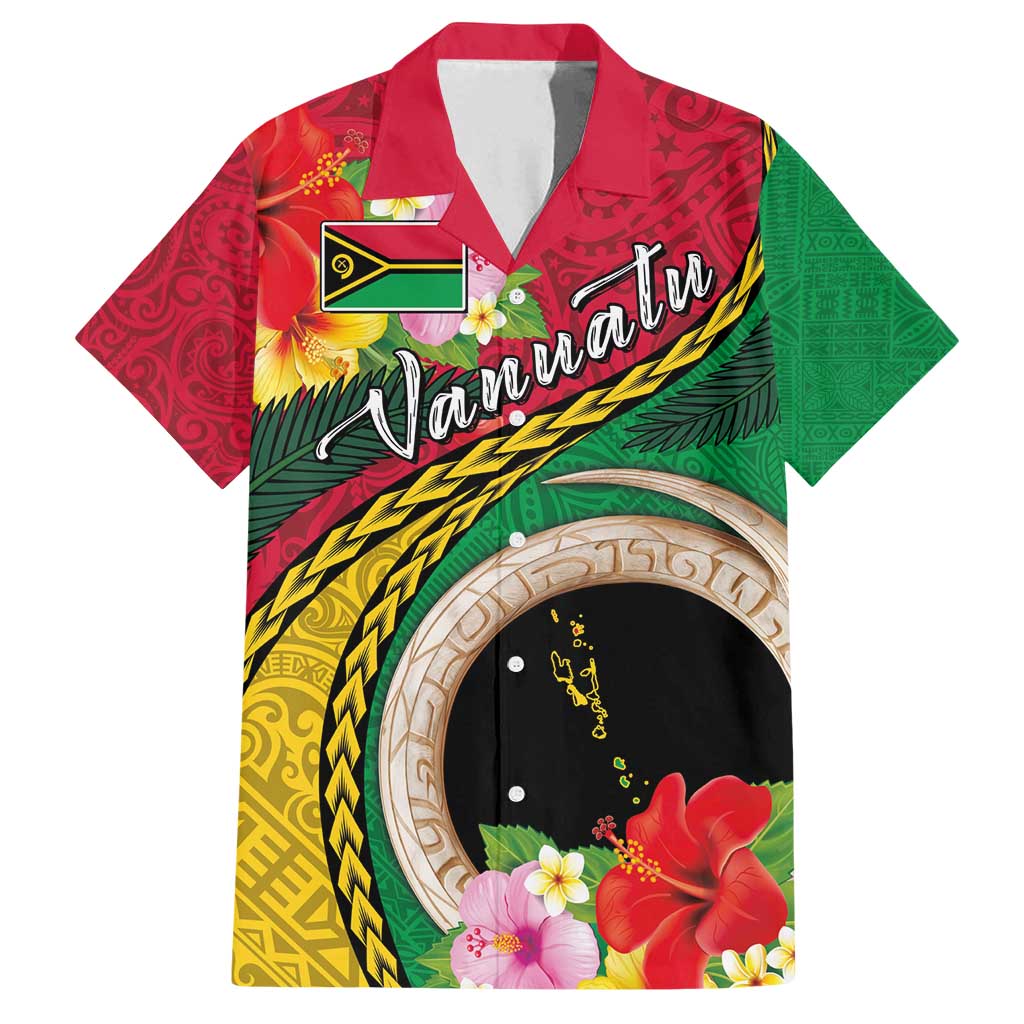 Vanuatu Tribal Boar Tusk Family Matching Off Shoulder Maxi Dress and Hawaiian Shirt Tropical Plants with Namele and Melanesian Pattern LT03 Dad's Shirt - Short Sleeve Red - Polynesian Pride