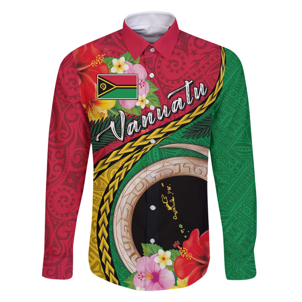 Vanuatu Tribal Boar Tusk Family Matching Off Shoulder Maxi Dress and Hawaiian Shirt Tropical Plants with Namele and Melanesian Pattern LT03 Dad's Shirt - Long Sleeve Red - Polynesian Pride