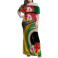 Vanuatu Tribal Boar Tusk Family Matching Off Shoulder Maxi Dress and Hawaiian Shirt Tropical Plants with Namele and Melanesian Pattern LT03 Mom's Dress Red - Polynesian Pride