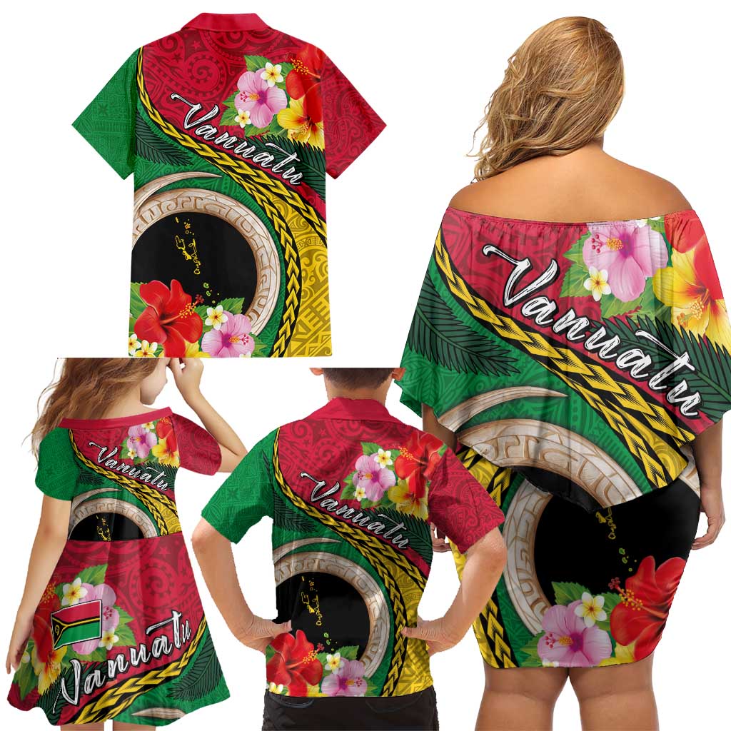 Vanuatu Tribal Boar Tusk Family Matching Off Shoulder Short Dress and Hawaiian Shirt Tropical Plants with Namele and Melanesian Pattern LT03 - Polynesian Pride