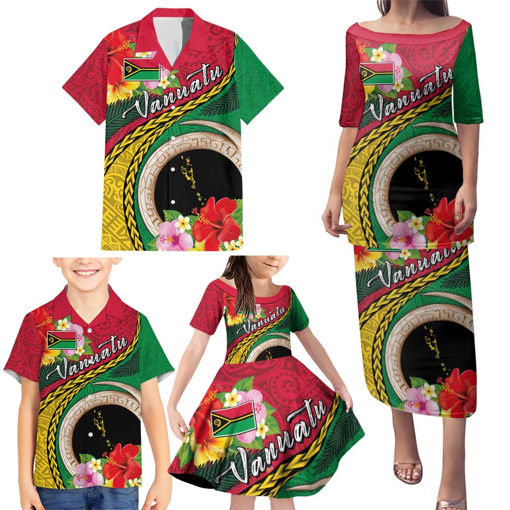 Vanuatu Tribal Boar Tusk Family Matching Puletasi and Hawaiian Shirt Tropical Plants with Namele and Melanesian Pattern LT03 - Polynesian Pride