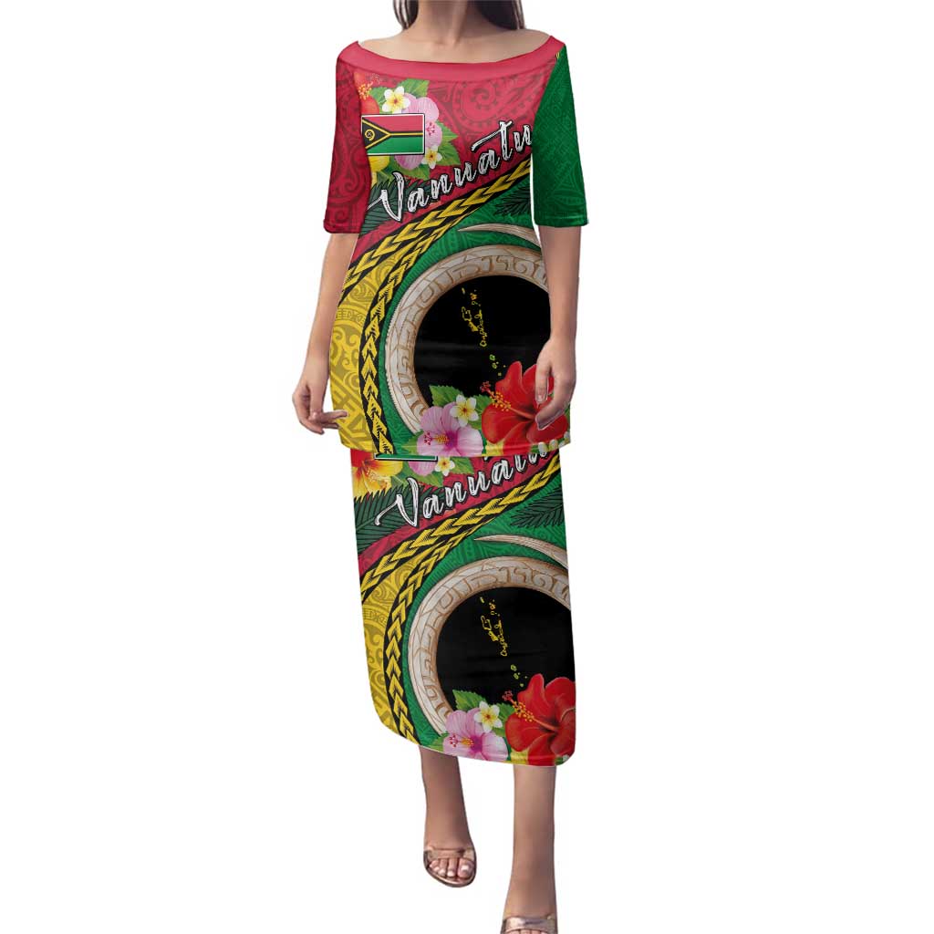Vanuatu Tribal Boar Tusk Family Matching Puletasi and Hawaiian Shirt Tropical Plants with Namele and Melanesian Pattern LT03 Mom's Dress Red - Polynesian Pride