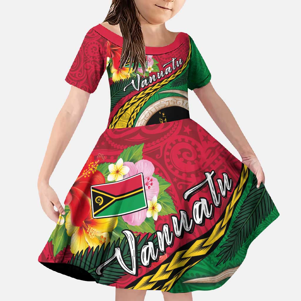 Vanuatu Tribal Boar Tusk Family Matching Short Sleeve Bodycon Dress and Hawaiian Shirt Tropical Plants with Namele and Melanesian Pattern LT03 Daughter's Dress Red - Polynesian Pride