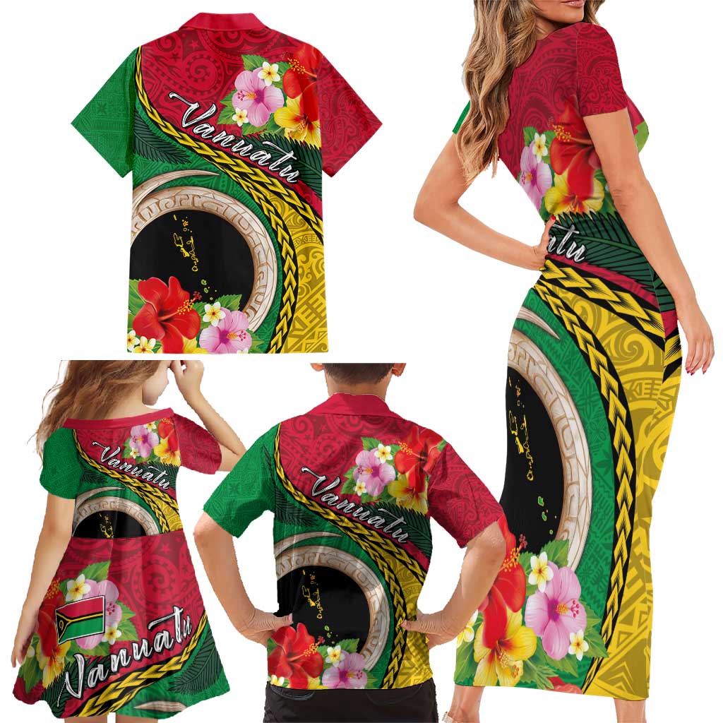 Vanuatu Tribal Boar Tusk Family Matching Short Sleeve Bodycon Dress and Hawaiian Shirt Tropical Plants with Namele and Melanesian Pattern LT03 - Polynesian Pride