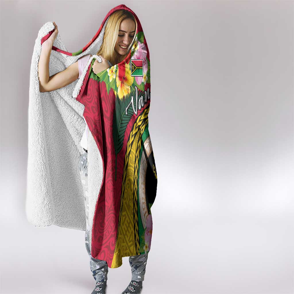 Vanuatu Tribal Boar Tusk Hooded Blanket Tropical Plants with Namele and Melanesian Pattern
