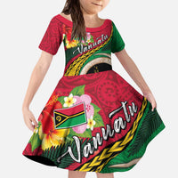 Vanuatu Tribal Boar Tusk Kid Short Sleeve Dress Tropical Plants with Namele and Melanesian Pattern
