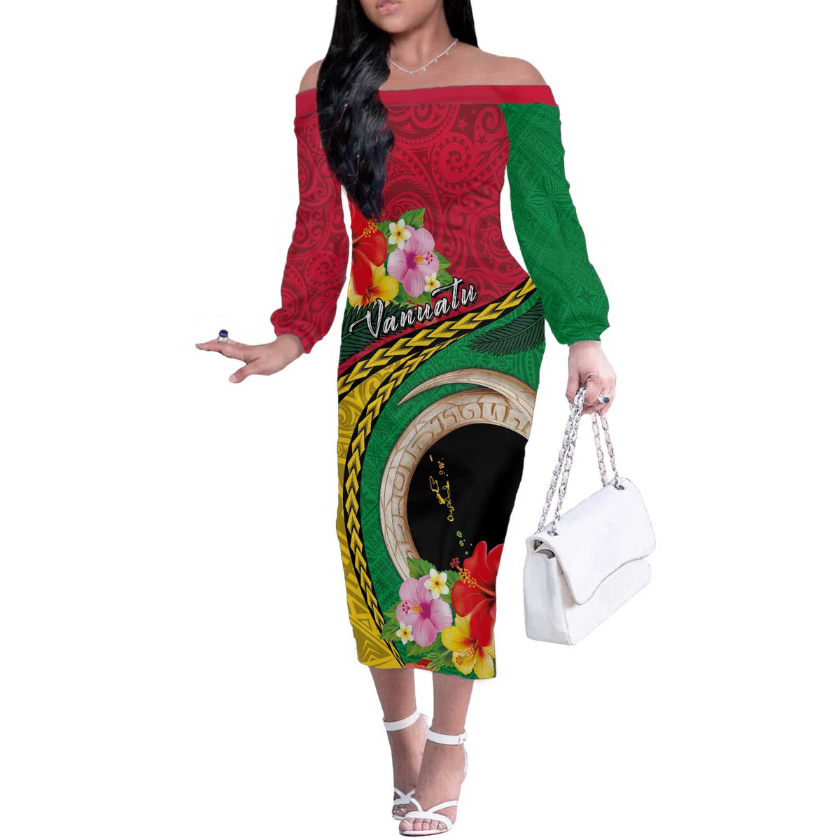Vanuatu Tribal Boar Tusk Off The Shoulder Long Sleeve Dress Tropical Plants with Namele and Melanesian Pattern LT03 Women Red - Polynesian Pride