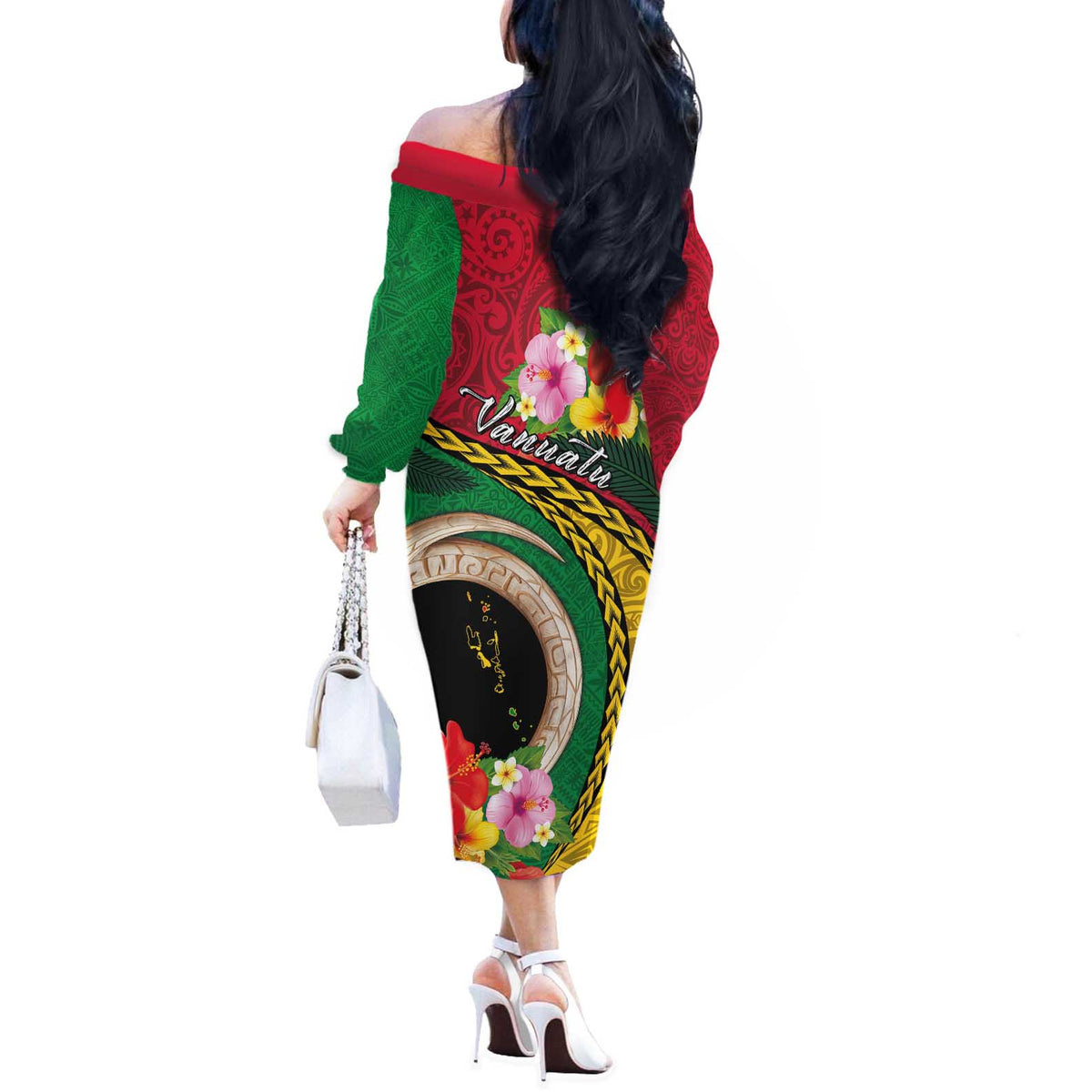 Vanuatu Tribal Boar Tusk Off The Shoulder Long Sleeve Dress Tropical Plants with Namele and Melanesian Pattern LT03 - Polynesian Pride