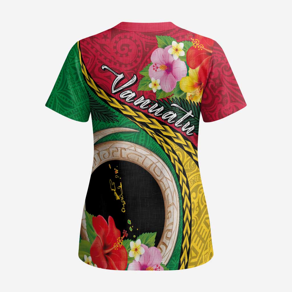 Vanuatu Tribal Boar Tusk Scrub Top Tropical Plants with Namele and Melanesian Pattern - Polynesian Pride
