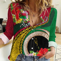 Vanuatu Tribal Boar Tusk Women Casual Shirt Tropical Plants with Namele and Melanesian Pattern LT03 Female Red - Polynesian Pride