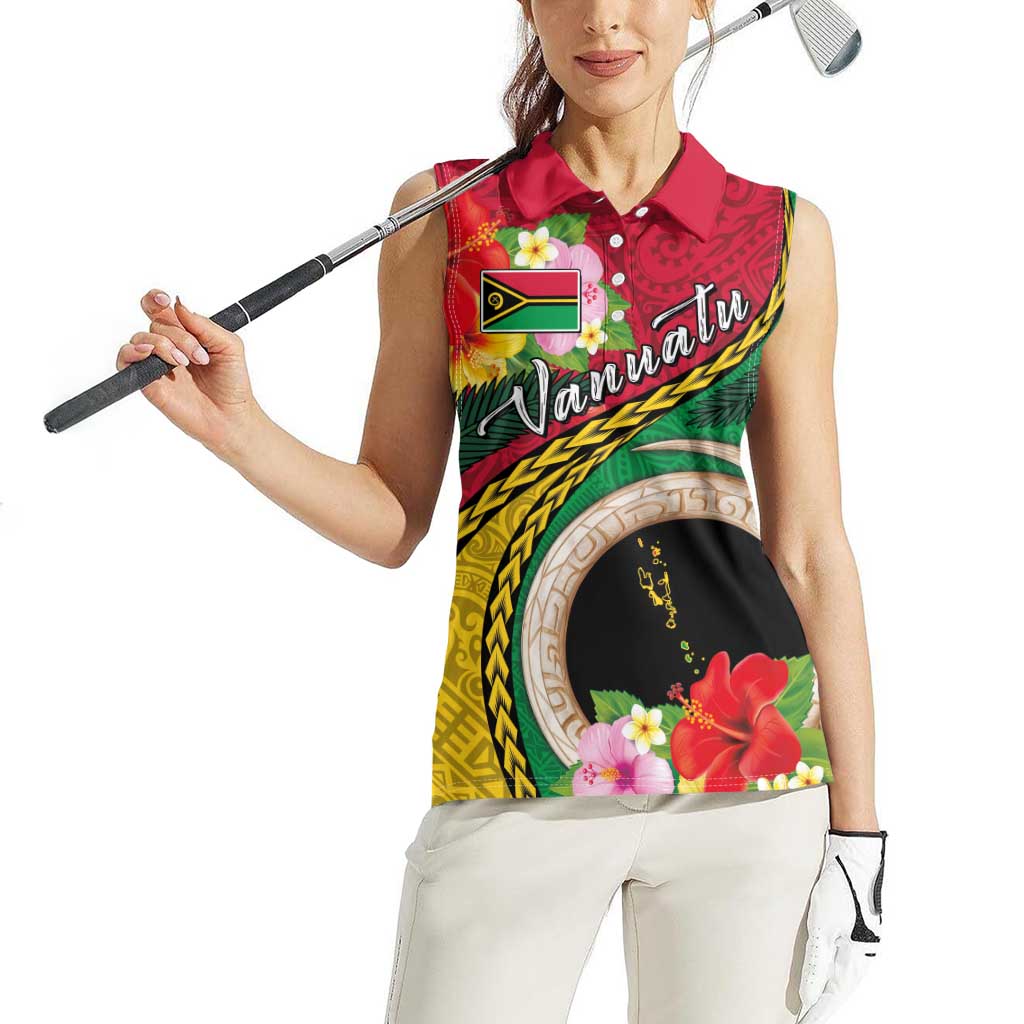 Vanuatu Tribal Boar Tusk Women Sleeveless Polo Shirt Tropical Plants with Namele and Melanesian Pattern LT03 - Polynesian Pride