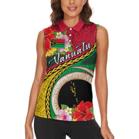 Vanuatu Tribal Boar Tusk Women Sleeveless Polo Shirt Tropical Plants with Namele and Melanesian Pattern LT03 - Polynesian Pride