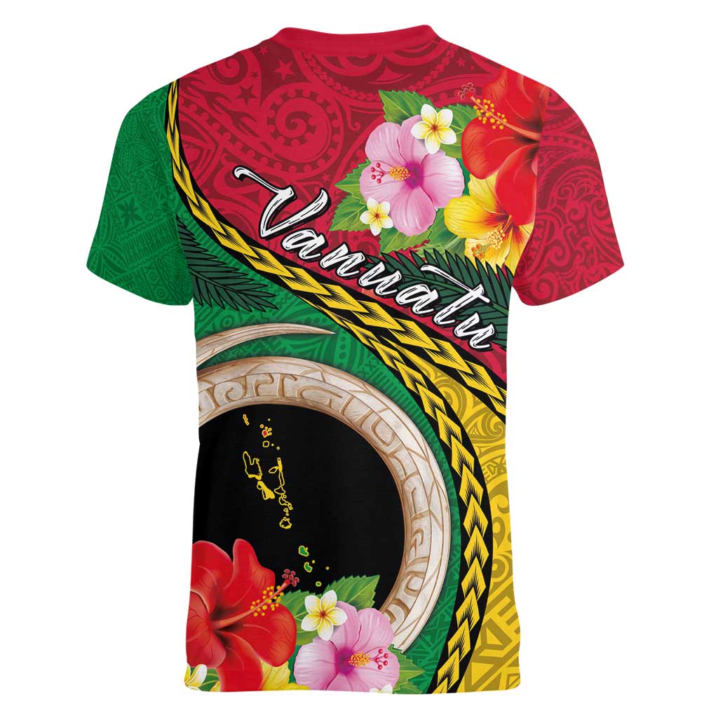 Vanuatu Tribal Boar Tusk Women V-Neck T-Shirt Tropical Plants with Namele and Melanesian Pattern LT03 - Polynesian Pride