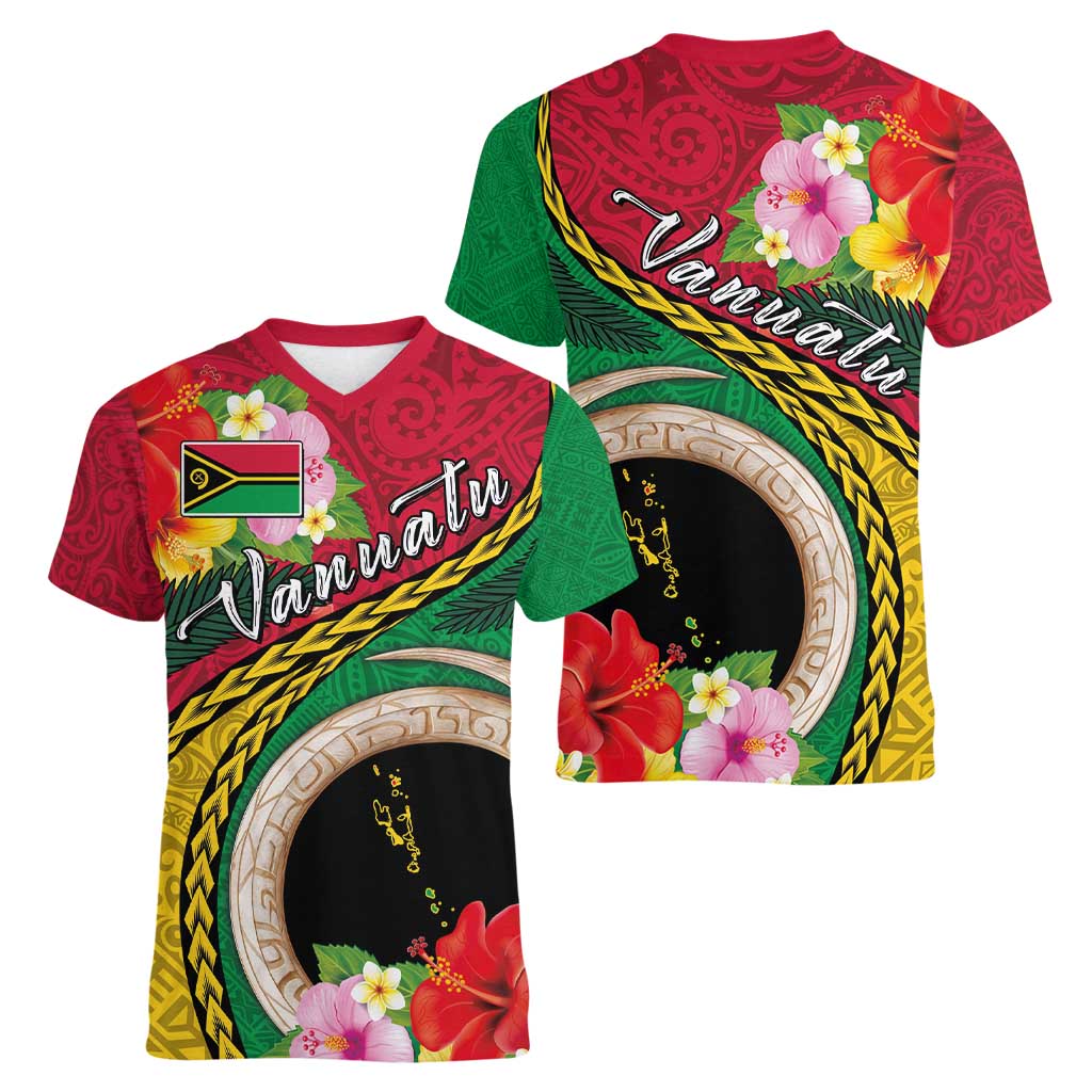 Vanuatu Tribal Boar Tusk Women V-Neck T-Shirt Tropical Plants with Namele and Melanesian Pattern LT03 - Polynesian Pride