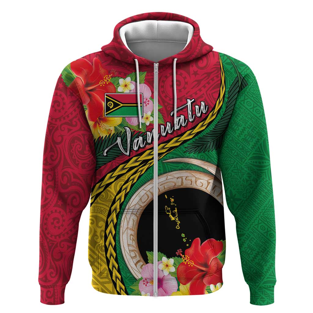 Vanuatu Tribal Boar Tusk Zip Hoodie Tropical Plants with Namele and Melanesian Pattern LT03 Zip Hoodie Red - Polynesian Pride
