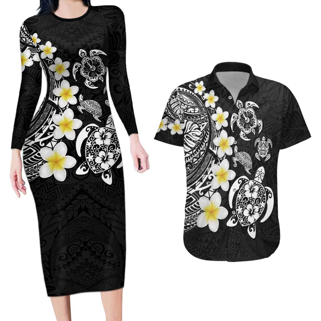 Hawaiian Plumeria Turtles Couples Matching Long Sleeve Bodycon Dress and Hawaiian Shirt Polynesian Art Tattoo