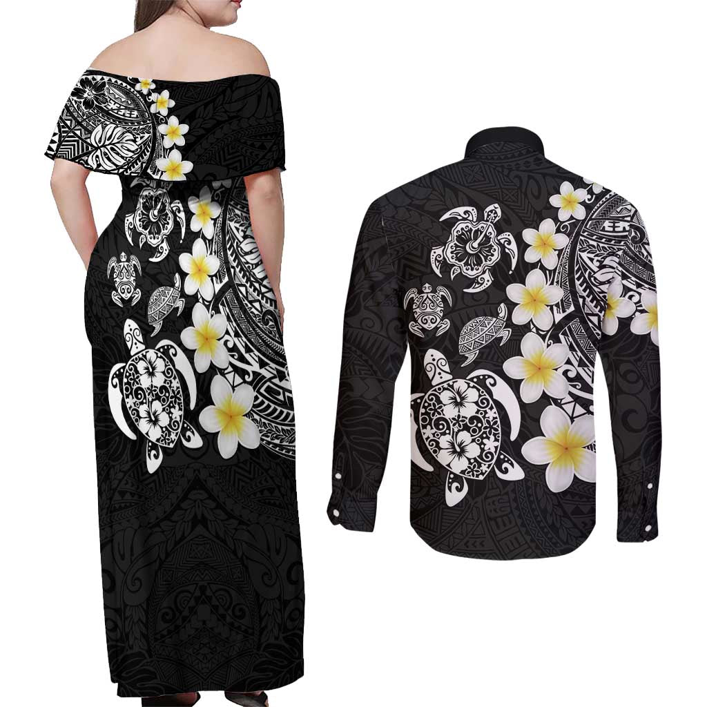 Hawaiian Plumeria Turtles Couples Matching Off Shoulder Maxi Dress and Long Sleeve Button Shirt Polynesian Art Tattoo