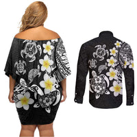Hawaiian Plumeria Turtles Couples Matching Off Shoulder Short Dress and Long Sleeve Button Shirt Polynesian Art Tattoo