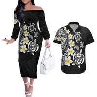 Hawaiian Plumeria Turtles Couples Matching Off The Shoulder Long Sleeve Dress and Hawaiian Shirt Polynesian Art Tattoo