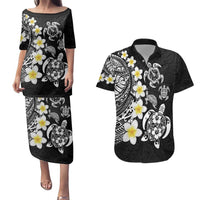 Hawaiian Plumeria Turtles Couples Matching Puletasi and Hawaiian Shirt Polynesian Art Tattoo LT03 Black - Polynesian Pride