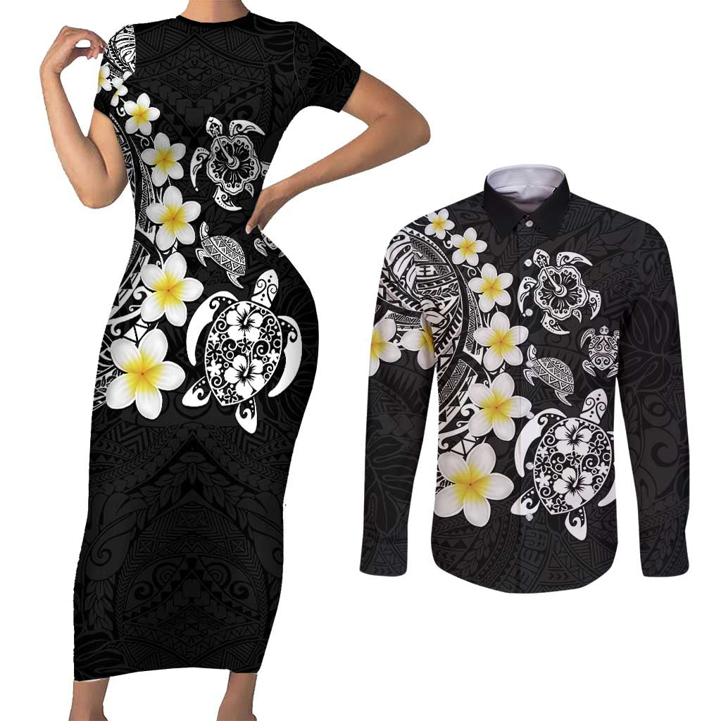 Hawaiian Plumeria Turtles Couples Matching Short Sleeve Bodycon Dress and Long Sleeve Button Shirt Polynesian Art Tattoo