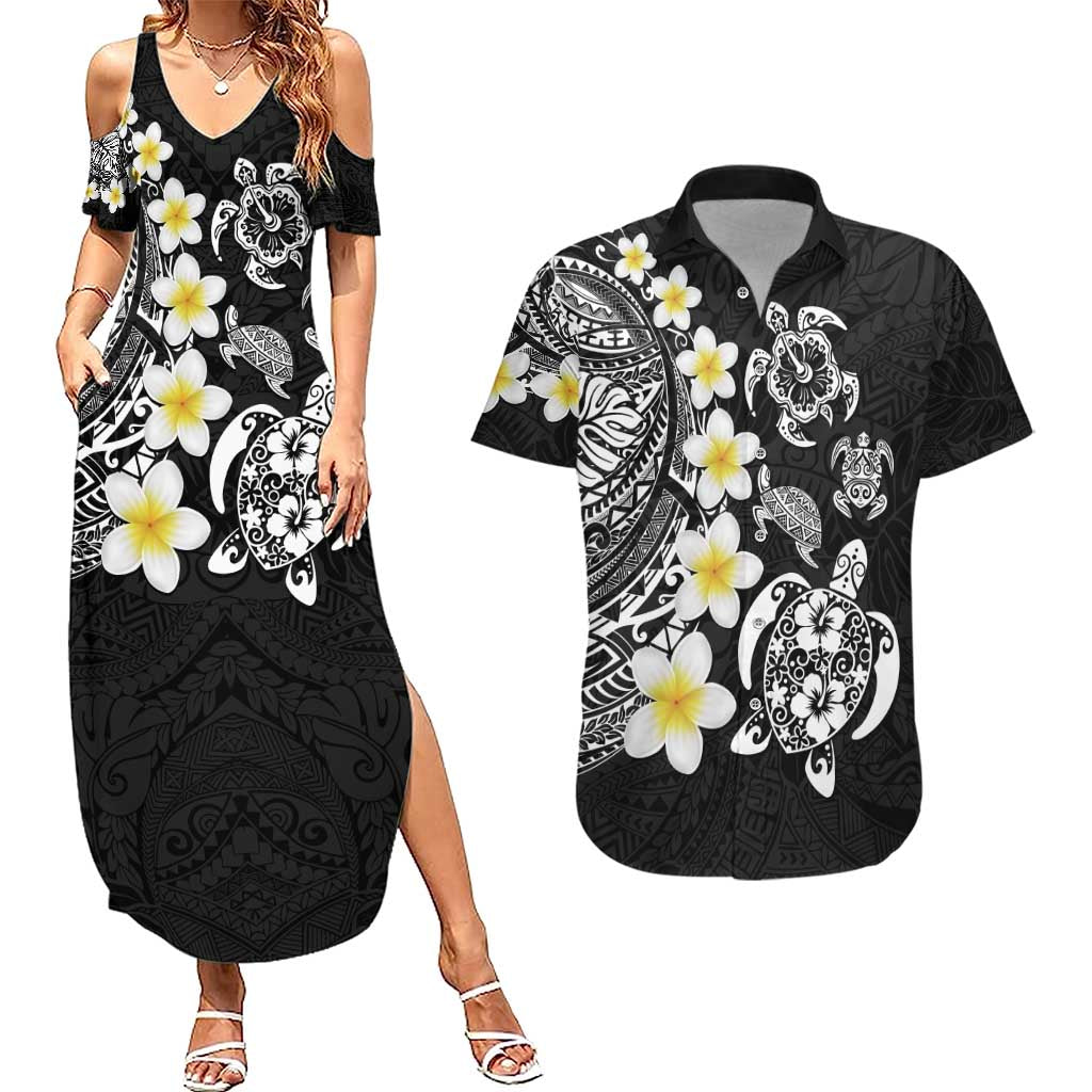 Hawaiian Plumeria Turtles Couples Matching Summer Maxi Dress and Hawaiian Shirt Polynesian Art Tattoo