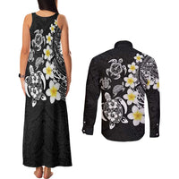 Hawaiian Plumeria Turtles Couples Matching Tank Maxi Dress and Long Sleeve Button Shirt Polynesian Art Tattoo