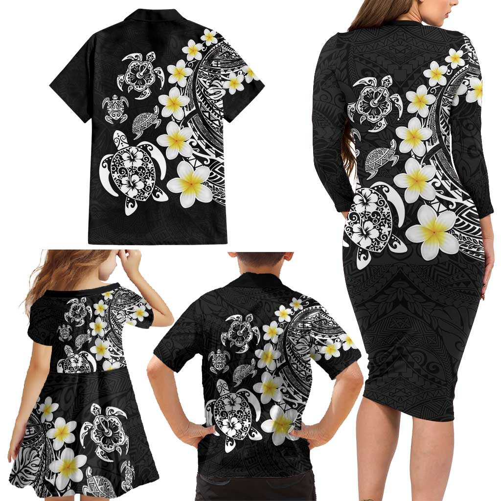 Hawaiian Plumeria Turtles Family Matching Long Sleeve Bodycon Dress and Hawaiian Shirt Polynesian Art Tattoo