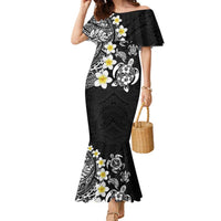 Hawaiian Plumeria Turtles Family Matching Mermaid Dress and Hawaiian Shirt Polynesian Art Tattoo LT03 Mom's Dress Black - Polynesian Pride