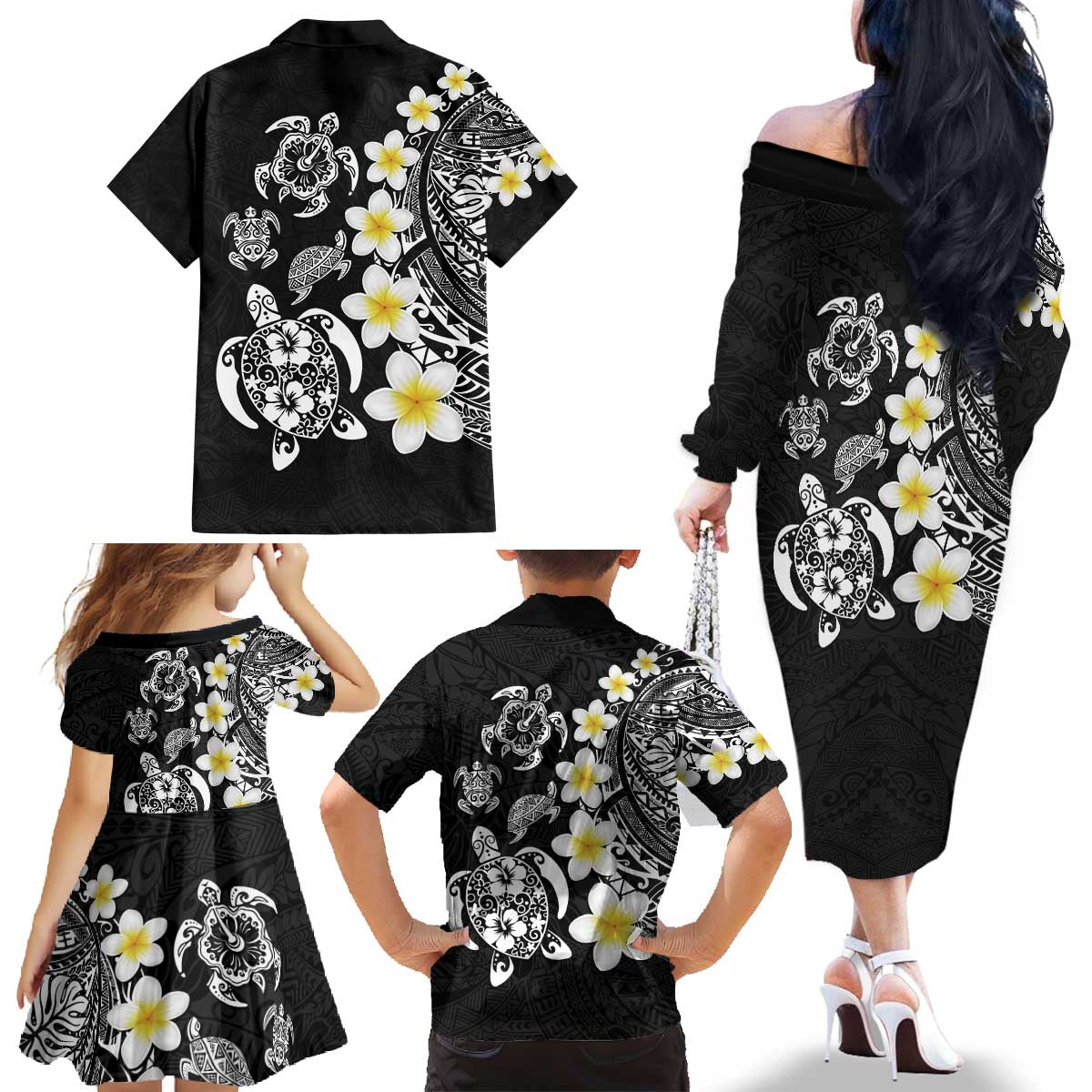 Hawaiian Plumeria Turtles Family Matching Off The Shoulder Long Sleeve Dress and Hawaiian Shirt Polynesian Art Tattoo