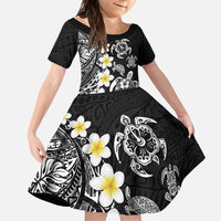 Hawaiian Plumeria Turtles Family Matching Off Shoulder Maxi Dress and Hawaiian Shirt Polynesian Art Tattoo LT03 Daughter's Dress Black - Polynesian Pride