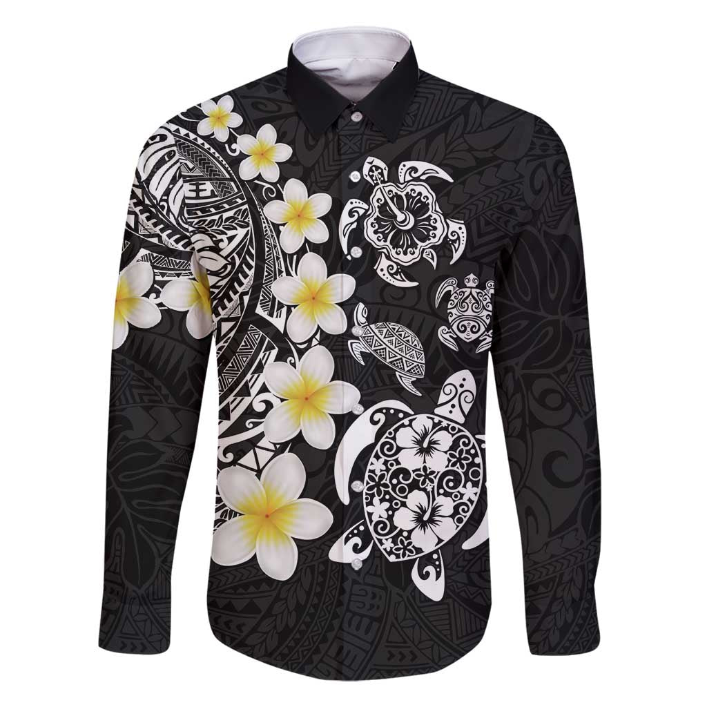 Hawaiian Plumeria Turtles Family Matching Off Shoulder Maxi Dress and Hawaiian Shirt Polynesian Art Tattoo LT03 Dad's Shirt - Long Sleeve Black - Polynesian Pride