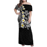 Hawaiian Plumeria Turtles Family Matching Off Shoulder Maxi Dress and Hawaiian Shirt Polynesian Art Tattoo LT03 Mom's Dress Black - Polynesian Pride