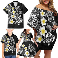 Hawaiian Plumeria Turtles Family Matching Off Shoulder Short Dress and Hawaiian Shirt Polynesian Art Tattoo