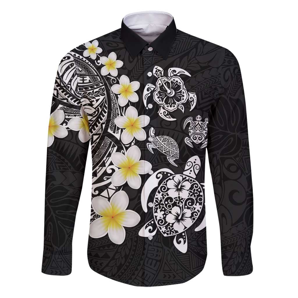 Hawaiian Plumeria Turtles Family Matching Puletasi and Hawaiian Shirt Polynesian Art Tattoo LT03 Dad's Shirt - Long Sleeve Black - Polynesian Pride
