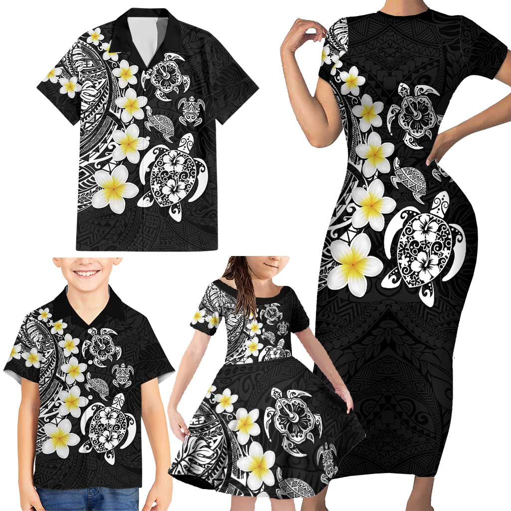 Hawaiian Plumeria Turtles Family Matching Short Sleeve Bodycon Dress and Hawaiian Shirt Polynesian Art Tattoo