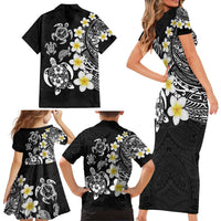 Hawaiian Plumeria Turtles Family Matching Short Sleeve Bodycon Dress and Hawaiian Shirt Polynesian Art Tattoo
