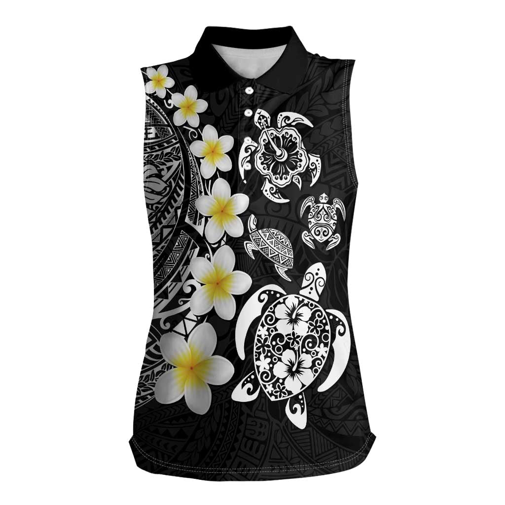 Hawaiian Plumeria Turtles Women Sleeveless Polo Shirt Polynesian Art Tattoo LT03 Female Black - Polynesian Pride