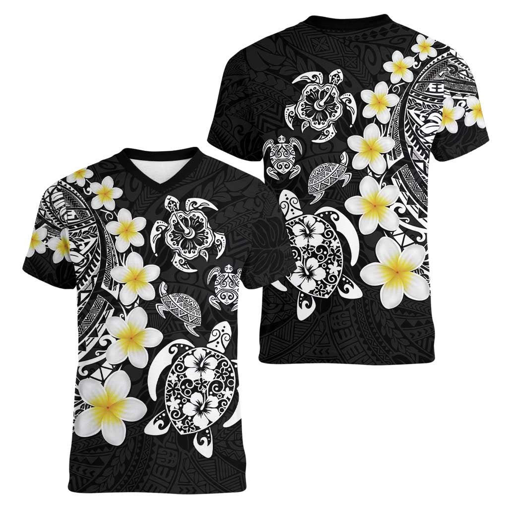 Hawaiian Plumeria Turtles Women V-Neck T-Shirt Polynesian Art Tattoo LT03 - Polynesian Pride