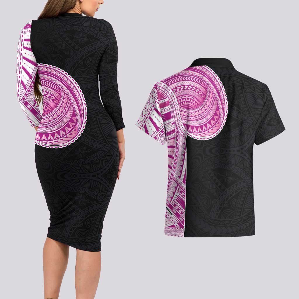 Samoan Art Tattoo Polynesian Pattern Couples Matching Long Sleeve Bodycon Dress and Hawaiian Shirt Pink Out Color LT03 - Polynesian Pride